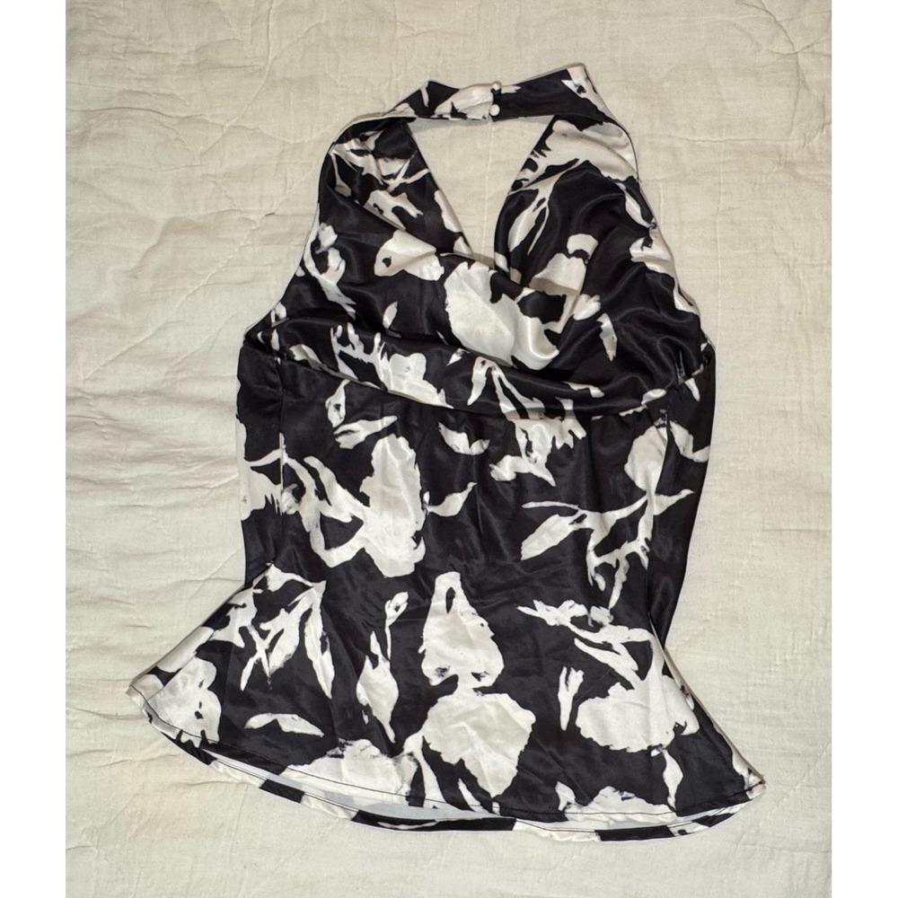 PEACH Black White Floral Satin Cowl Neck Halter Top Peplum Blouse Womens Medium
